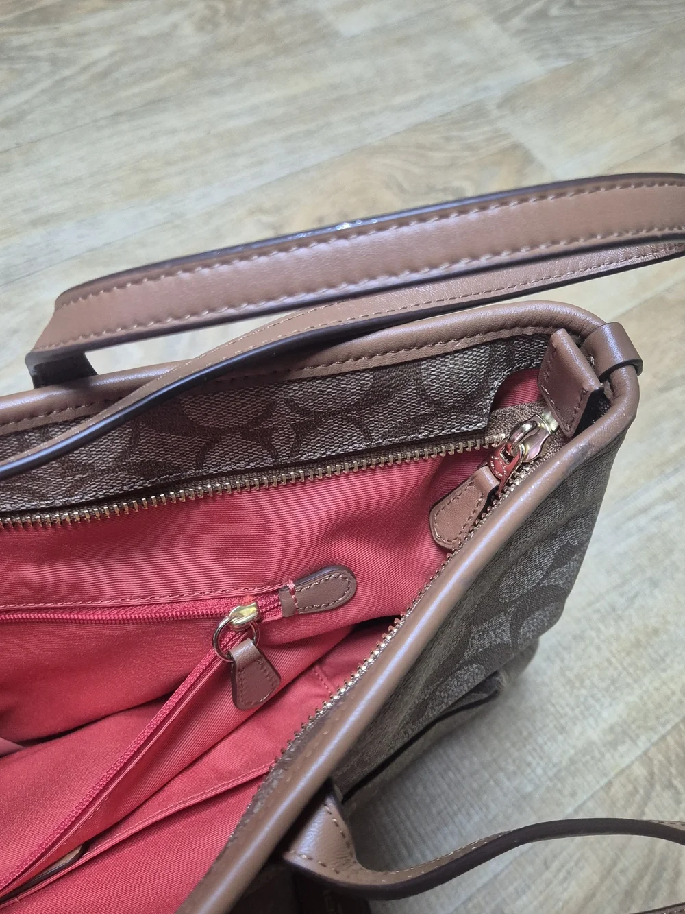 Coach Tan Signature Canvas Tote with Pink and Red Stripe